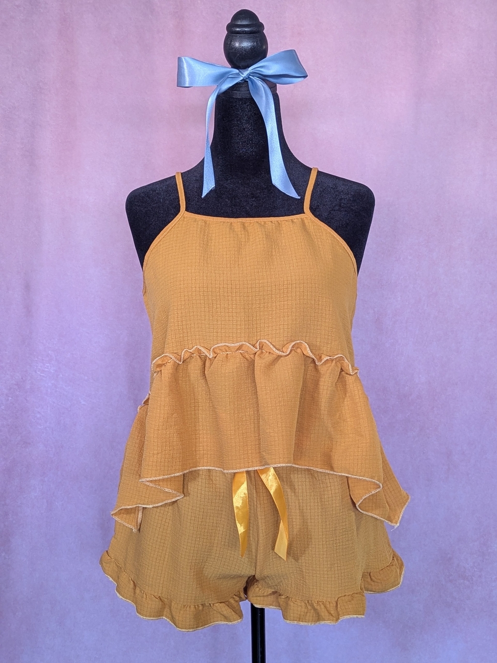 Mustard Babydoll Pajama Set | L | Textured Lounge Set | Ruffle Cami & Shorts